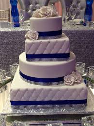 Royal Blue Trimmed 4 Tier Round And Square Wedding Cake This Cake Is Sized 6 Round 8 Square Square Wedding Cakes Navy Blue Wedding Cakes Wedding Cakes Blue