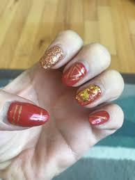 A great alternative to shellac, won't damage your nails. Burnt Orange And Gold Leafgel By Oh My Nails In Nyc Natural Nails A Little Grown Out But I Really Love Them Nails