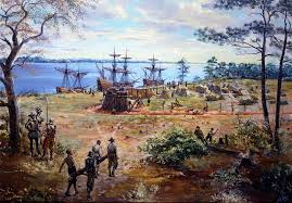 In This Painting Construction Of James Fort Colonists Construct The Original Palisaded Walls Of The Jamest Jamestown Colony Colonial America American Colonies