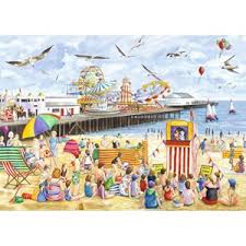 In the 1000 piece jigsaw puzzle, beach by piatnik, a cartoon illustration of a colorful and crowded beach area is depicted. Jigsaw Puzzles Beach 1000 Pieces