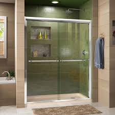 Duet 30 Inch D X 60 Inch W X 74 3 4 Inch H Shower Door In Chrome With Right Drain Biscuit Base Kit Shower Doors Frameless Sliding Shower Doors Tub Shower Doors