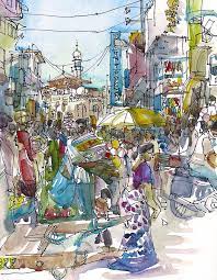 India Sketch Crowded Street In Mumbai India 8x10 Print Of A Etsy Watercolor Sketch Urban Sketchers Travel Art