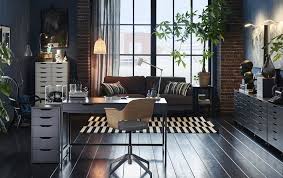 A Grey Desk In The Middle Of A Large Home Office Combined With A Conference Chair In Birch With A Wool Cover Ikea Home Office Ikea Office Furniture Ikea Home