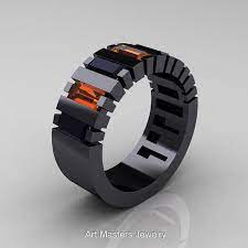 Mens Modern 14k Black Gold Black Diamond Orange Sapphire Baguette Cluster Tank Ring R395 14kbgbdos Black Gold Ring Black Gold Jewelry Mens Ring Designs