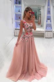 A Line Broad Straps Floral Appliqued Prom Dress Cheap Long Tulle Evening Dresses Oki33 A Line Prom Dresses Cheap Formal Dresses Pink Prom Dresses