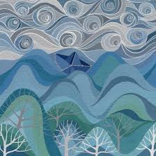 Gouache On Paper By Rettgrayson On Flickr Blue Boat On Waves Trees Spiral Clouds Art Art Prints Boat Drawing