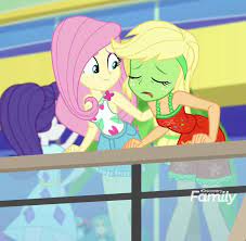 This is the upcoming episode i'm least looking forward to, unless the magical creature turns out to be the ghost of their mom or something. 1998449 Safe Screencap Applejack Fluttershy Rarity Equestria Girls Equestria Girls Series Spring Breakdown Spoiler Eqg Series Season 2 Breasts Cropped Female Green Face Seasickness Sick Sleeveless Derpibooru