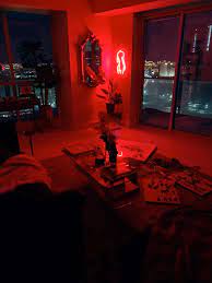 Interior design, red, room, curtain, property, window covering, window treatment. Alyssa D Silos On Twitter Red Lights Bedroom Red Rooms Red Room Decor