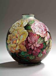 Camille Faure 1874 1956 Vase Boule En Cuivre A Decor Emaille Polychrome De Roses En Relief Signature Manuscrite Emaillee C Pottery Art Gourd Art Floral Art