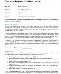 The functions of the finance manager position can be considered identical to a treasurer position, or as a light treasurer who has additional analysis responsibilities that include support of the management team in a variety of operational decisions. Free 9 Managing Director Job Description Samples In Ms Word Pdf