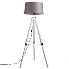 Turned wood tripod floor lamp, dark wood & white. Industrial Floor Lamp White With Gray Linen Shade Tripod Lampandlight