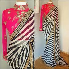 Black And White Striped Saree Blouse Beautiful Black And White Stripe Saree With Pink Color Blouse Blouse With Full Sleeves Blouse Wi Saree Designs Party Wear Bridal Blouse Designs Saree Designs