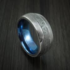 Damascus Steel And Meteorite Ring With Anodized Titanium Sleeve Custom Made Meteorite Ring Anodized Titanium Damascus Steel Ring