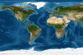 World map, Earth flat view. Detailed World physical map in satellite photo. Panoramic planet map with texture surface and ocean. Globe and planisphere theme. Elements of this image furnished by NASA.