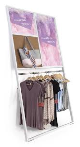 Metal Leaning Garment Rack W 2 Custom Printed Posters 1 Hanging Rod Black Merchandising Displays Retail Store Design Boutique Decor
