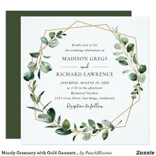 Moody Greenery With Gold Geometric Frame Wedding Invitation In 2020 Sage Green Wedding Green Themed Wedding Green Wedding Invitations