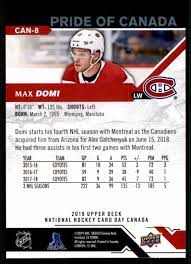 See more ideas about hockey cards, hockey, cards. 2018 19 Upper Deck National Hockey Card Day Canada Pride Of Canada Max Domi 8 On Kronozio
