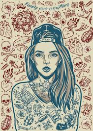 Girls with animal skulls drawings. Chicano Tattoo Designs Vintage Poster With Beautiful Girl In Cap Angry Animals Skulls Crown Hearts Razor Knuckles Pistol Grenade Flowers Daggers Anchor Bullets Dice Tattoo Machine Vector Illustration Royalty Free Cliparts Vectors