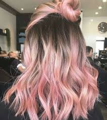 Brown To Rose Gold Pink Hair In A Bun Medium Length Wavy Hairstyle Blonde Ombre Hair Ombre Hair Blonde Hair Styles Pink Blonde Hair