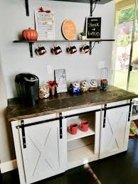 Custom Farmhouse Barn Door Buffet Table Built To Size The Customer Is Using This As The Main Piece Of Her Coffee Corner Behr Home Deco Buffet Table Decor
