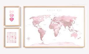 Pink World Map Wall Art Girl Nursery Decor Digital Art Prints Etsy Nursery Wall Art Printable World Map Wall Art Map Wall Art
