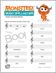 Monster Themed Spelling Bee Treble Clef Note Name Worksheet