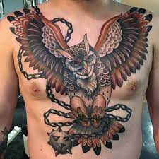 Owl Flail By Sadee Glover At Black Chalice Tattoo In Swindon England Owl Flail Sadeeglover Traditional Owl Tattoos Traditional Tattoo Chest Piece Tattoos
