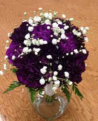 Deep Purple Carnations With Baby S Breath Flower Centerpieces Wedding Purple Wedding Flowers Flower Bouquet Wedding