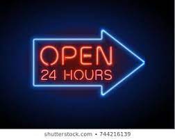 Neon Sign Open 24 7 Light Vector Background Realistic Glowing Shining Design Element In Arrow Frame For 24 Hours Club Bar Cafe Neon Signs Neon Neon Box