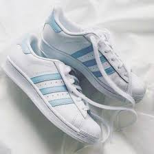 Wheretoget White Adidas Superstar Sneakers With Baby Blue Stripes Adidas Shoes Women Adidas Superstar Adidas Women