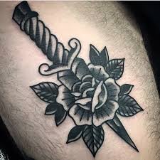 Black Work Rose Dagger Tattoo By Simon Blay Rose And Dagger Tattoo Rose Tattoos Traditional Rose Tattoos