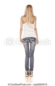 Rear view of skinny blonde woman standing on white background. | CanStock