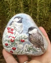 Chickadee S In Winter Handpainted On River Stone Rock Painting Art Rock Painting Designs Stone Art