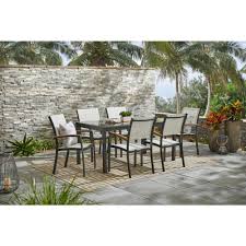 baymont 7 piece aluminum patio outdoor patio dining set with smoked glass table top and sling dining chairs patio dining set outdoor dining set aluminum patio