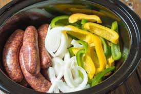 Slow Cooker Sausage With Peppers Onions Sausage Crockpot Sausage Dishes Italian Sausage Recipes