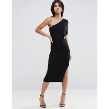 Asos Deep One Shoulder Midi Bodycon Dress 32 Liked On Polyvore Featuring Dresses Black Bo Midi Dress Bodycon Maxi Dress Prom One Shoulder Cocktail Dress