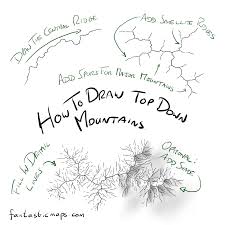 How To Draw Top Down Mountains On A Map Fantastic Maps For this first style, draw each mountain individually but draw them along a rough line to create a mountain range as mountains don't generally stand on your first drawings of the mountains are the outlines or the silhouettes of the mountains, next add some shading to your mountains for detail.