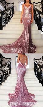 Spaghetti Straps Rose Gold Sequined Mermaid Prom Dress Pm1188 Sparkly Prom Dresses Backless Mermaid Prom Dresses Backless Prom Dresses