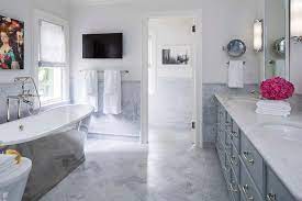 Yellow, blue, grey, black, brown, rosa, red, white, etc. Blue And Gray Master Bathroom With Cast Iron Tub Contemporary Bathroom Benjamin Moore Marina Gray