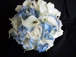 Blue Hydrangea And White Realtouch Calla Lilies And Roses Accented With Pearls Bridal Beach Blue Wedding Bouquet Diy Wedding Bouquet Calla Lily Bouquet Wedding