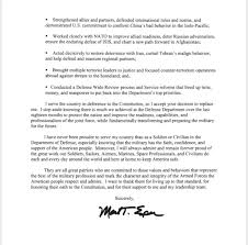 This ensures the accuracy, responsiveness, and quality of responses, as well as their adherence to administration policy. David Gura On Twitter Fmr Secretary Of Defense Mark Esper To President Trump In A Goodbye Letter I Serve The Country In Deference To The Constitution So I Accept Your Decision To