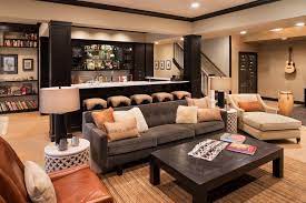Maybe you would like to learn more about one of these? I Like The Setup Of This Seating Area In Front Of The Bar So Everyone Is Still In Line With The Tv Rustic Basement Rustic Basement Bar Basement Bar Designs