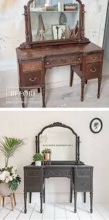 Mirror is rectangular with directional flexibility (north and south), with wood finials on sides. Coffee Bean Vintage Vanity Makeover Salvaged Inspirations