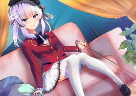 sakayanagi arisu, youkoso jitsuryoku shijou shugi no kyoushitsu e, black  headwear, silver hair, striped, absurdres, highres, 1girl, black bow, black  footwear, blue eyes, blunt bangs, bow, braid, cane, couch, dutch angle,  indoors,