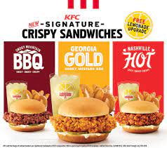 New Signature Kfc Crispy Chicken Sandwiches Plus Free Lemonade Upgrade Try Smoky Mountain Bbq Georgia Gold Or Nashvill Food Food Cravings Aesthetic Food