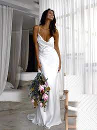 Sheath Column Silk Like Satin Ruched Spaghetti Straps Sweep Brush Train Sleeveless Wedding Dresses Slip Wedding Dress Dream Wedding Dresses Wedding Dresses Satin