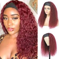 The color burgundy is the rich reddish purple hue it is the perfect color for a woman who wants to make a statement or someone who wants a subtle change, and due to its versatility, there is a wide range of looks to try. Amazon Com Feelgrace Headband Hair Wig Kinky Curly Headband Wig Human Hair None Lace Front Headband Wigs For Women Ombre 1b Burgundy Curly Hair Headband Wigs Full Thick 180 Density Curly Wigs