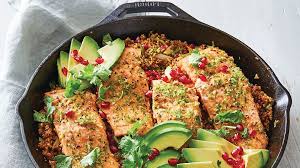 Skillet Roasted Salmon With Avocado Pomegranate And Bulgur Video Recipe Finecooking Recipe Recipes Roasted Salmon Fine Cooking