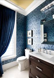 Bold and subdued prints in s. Navy Blue Bathroom Brown Bathroom Decor Modern Bathroom Design Small Bathroom Wallpaper