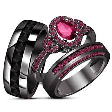Black And Pink Rings For Her Pink Sapphire Black Gold Finish 925 Silver His Her Engagement Ring Trio Set Black Gold Jewelry Jewelry Gothic Engagement Ring